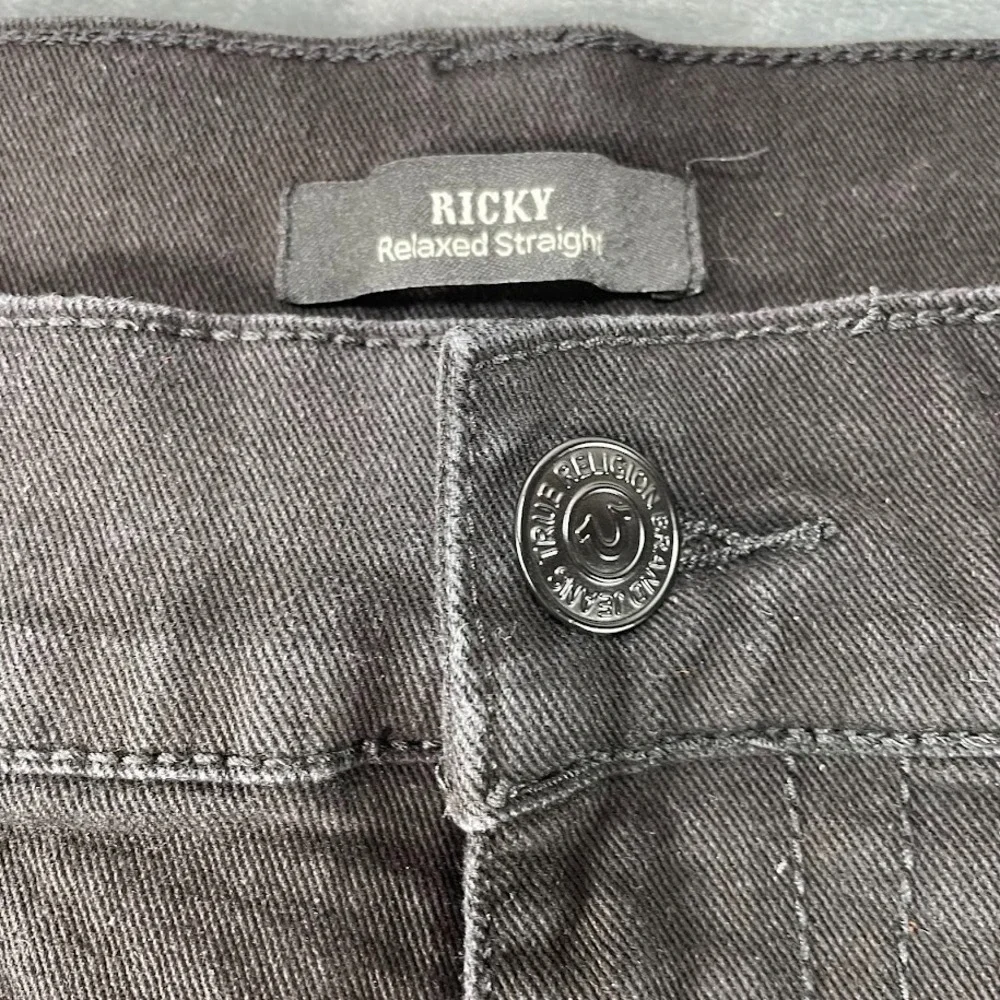 TRUE RELIGION Ricky Relaxed Straight‎ Jeans Size 34 Fits 36x30 Black Stretch